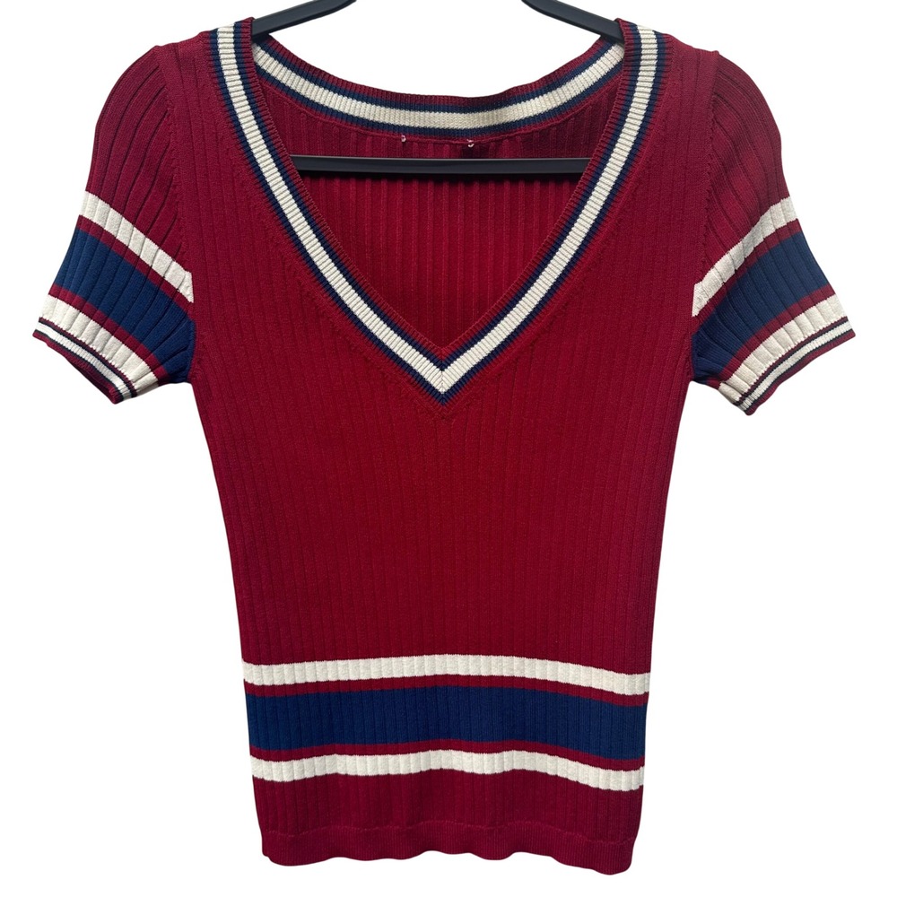 VALENTINO Stripe V Neck Ribbed Knit Short Sleeve Top Preppy Varsity Women Medium